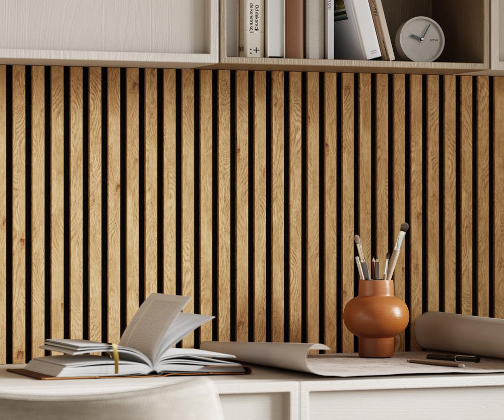 Акустическая панель, черный войлок, 2750х600х19мм, рейки МДФ дуб Медный